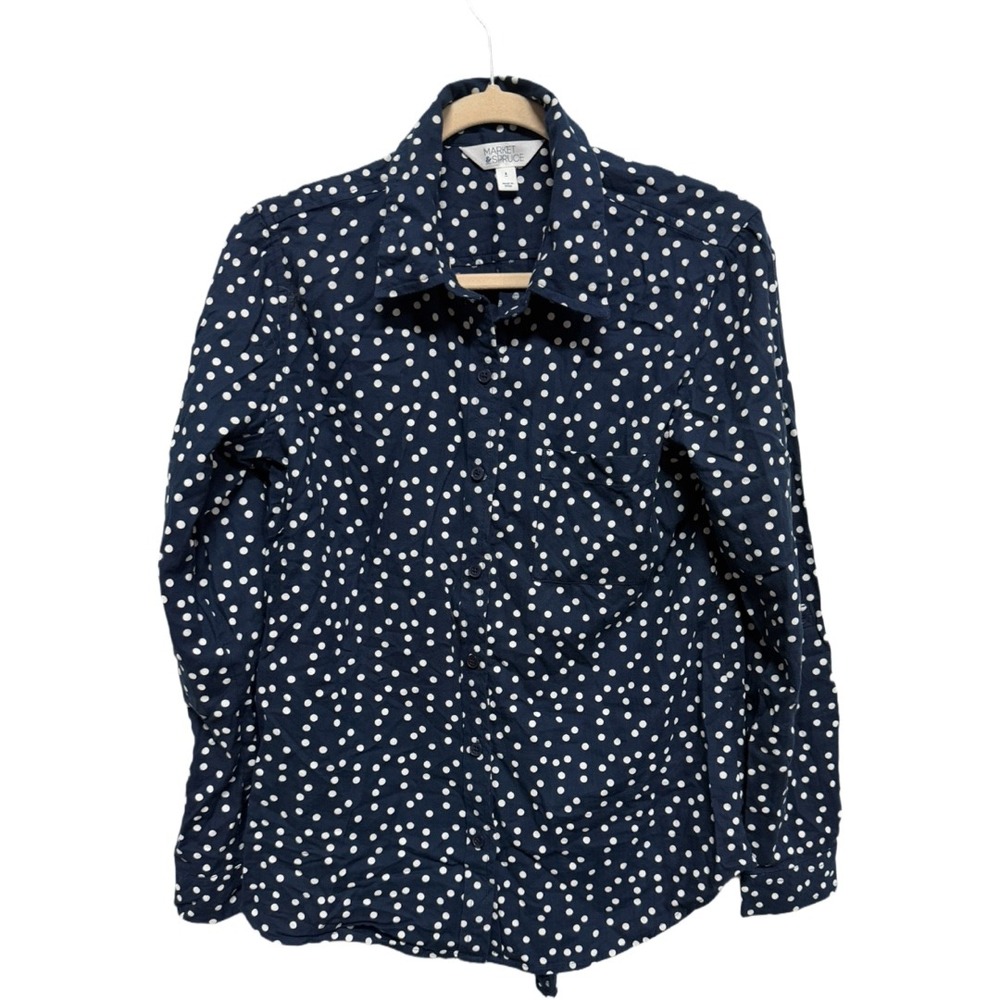 Market & Spruce Navy White Polka Dot Button Down Shirt Size Small Cotton Blouse